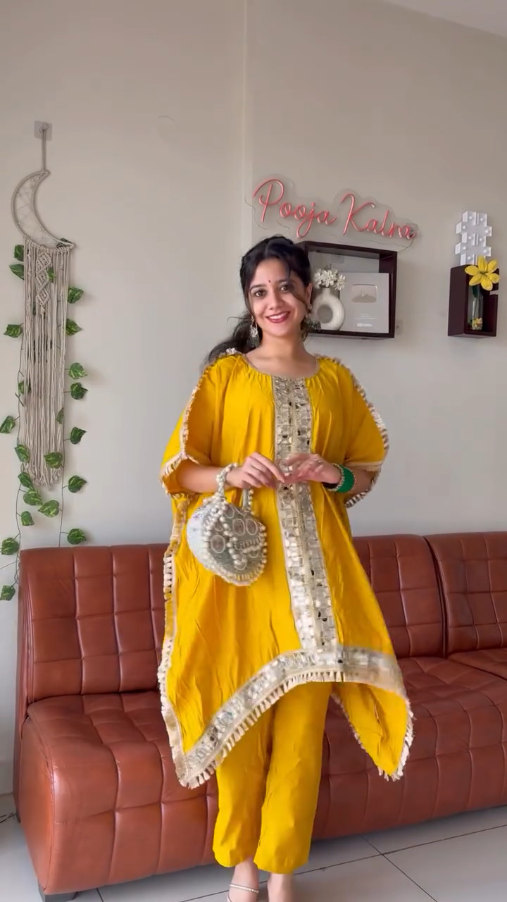 Mustard Yellow Embellished Kaftan Kurta with Pant Set